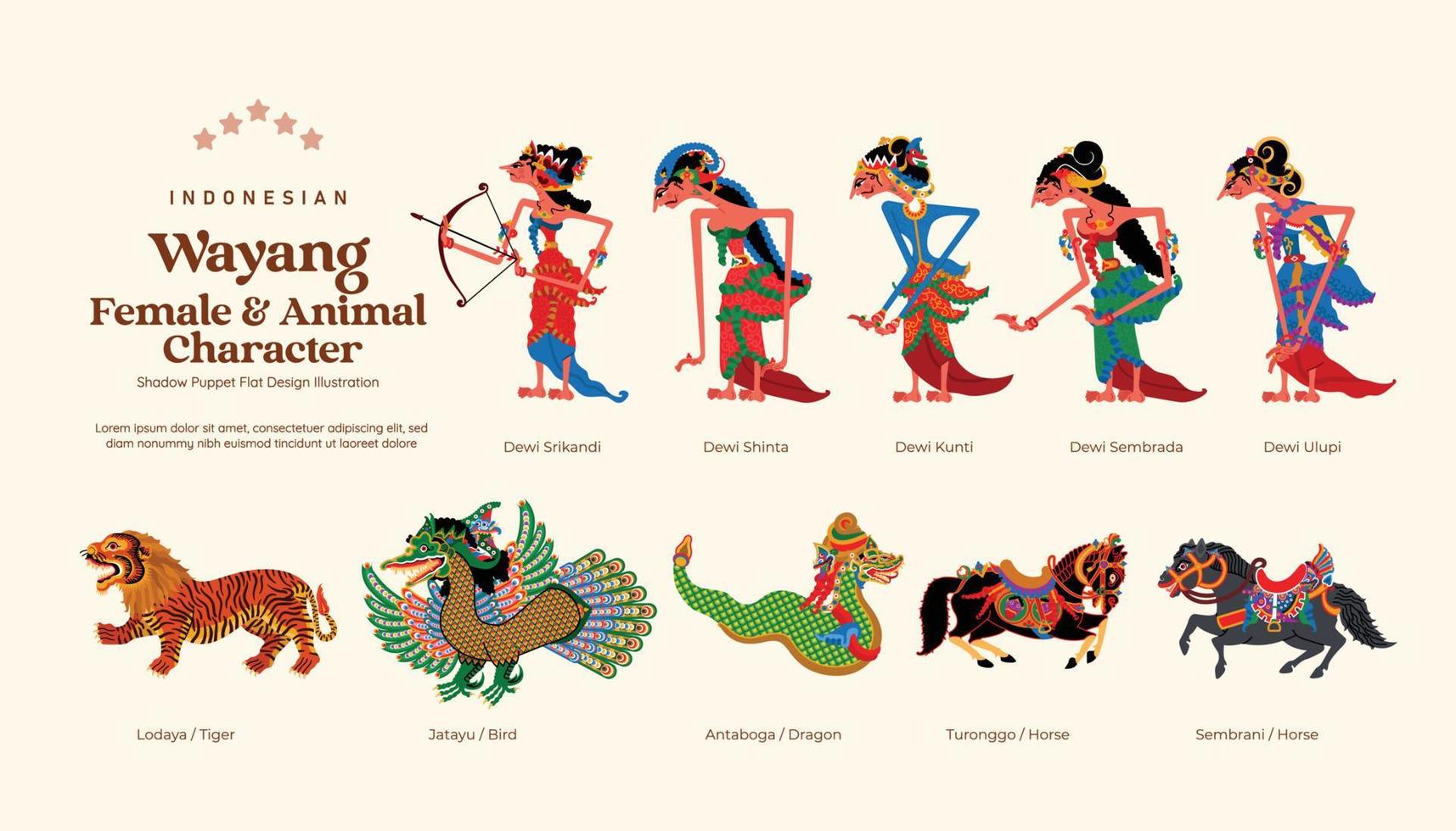 isolado conjunto do indonésio Wayang fêmea e animal personagem plano Projeto ilustração vetor