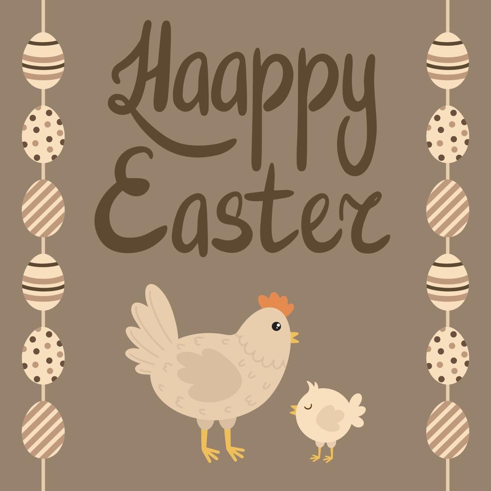 fofa cartão para Páscoa. cartão postal com uma frango e pintinhos, decorado com pintado ovos para Páscoa. Páscoa quadrado vetor cartão.