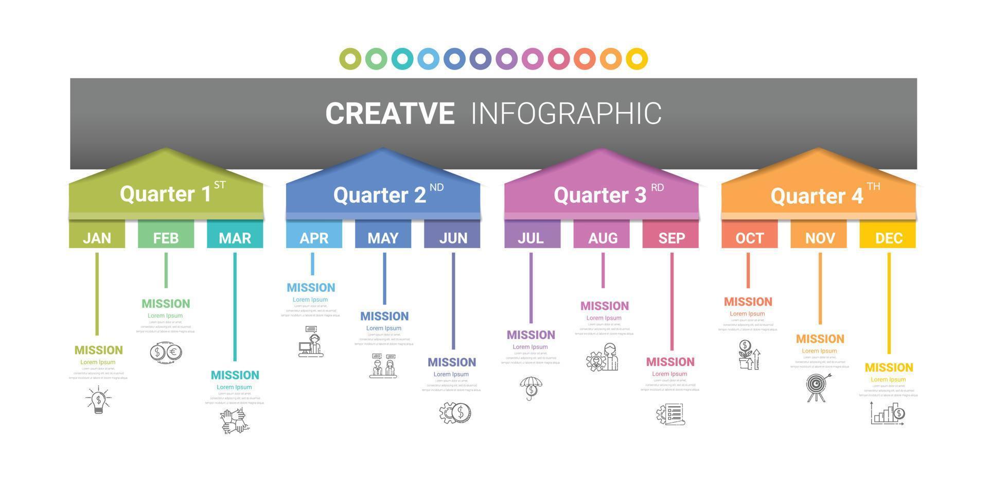 cronograma de 1 ano, 12 meses, infográficos durante todo o mês, planejador de design e apresentação de negócios podem ser usados para o conceito de negócio com 12 opções, etapas ou processos. vetor