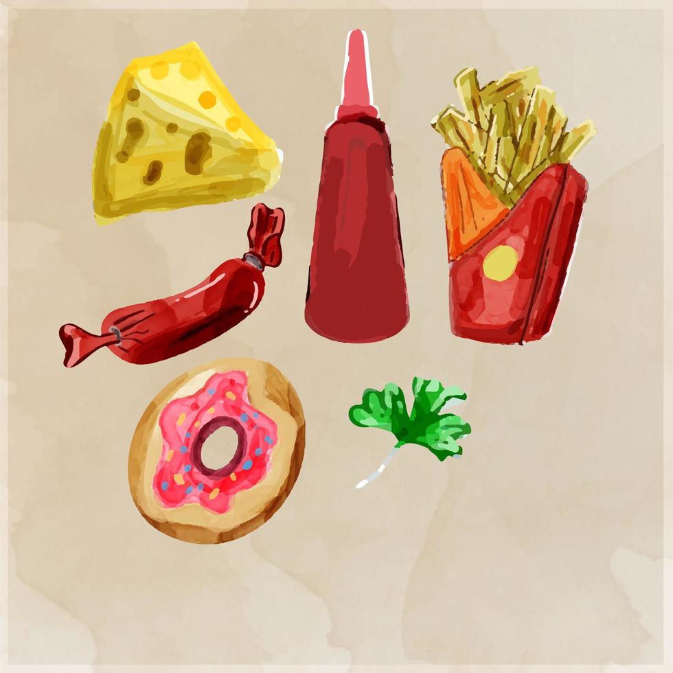 mão pintado conjunto do velozes Comida rabisco dentro aguarela estilo vetor ilustração