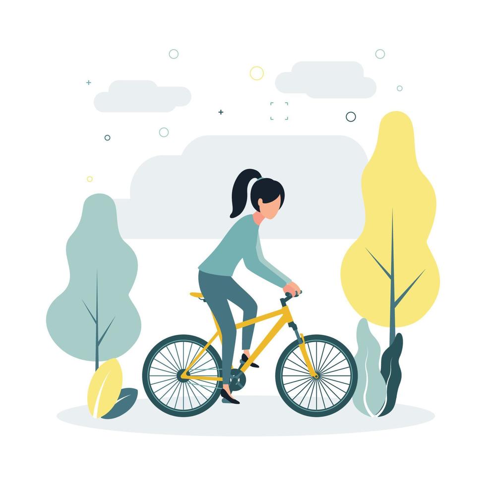 vetor ilustração uma mulher passeios uma bicicleta, em uma fundo do árvores, plantas, nuvens.