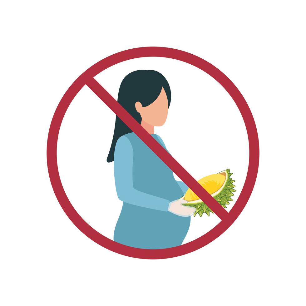 ilustração com uma proibição placa Faz não comer durian grávida. grávida mulher com durian fruta dentro mãos dentro proibitivo placa. vetor