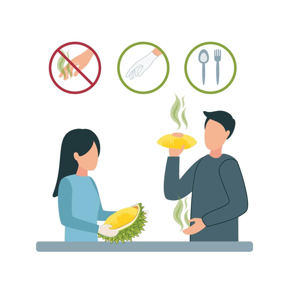 ilustração com sinais proibindo comendo durian com luvas sem luvas, permitindo comendo fruta dentro luvas, talheres. pessoas ficar de pé com durian fruta dentro seus mãos, uma menina dentro luvas. vetor