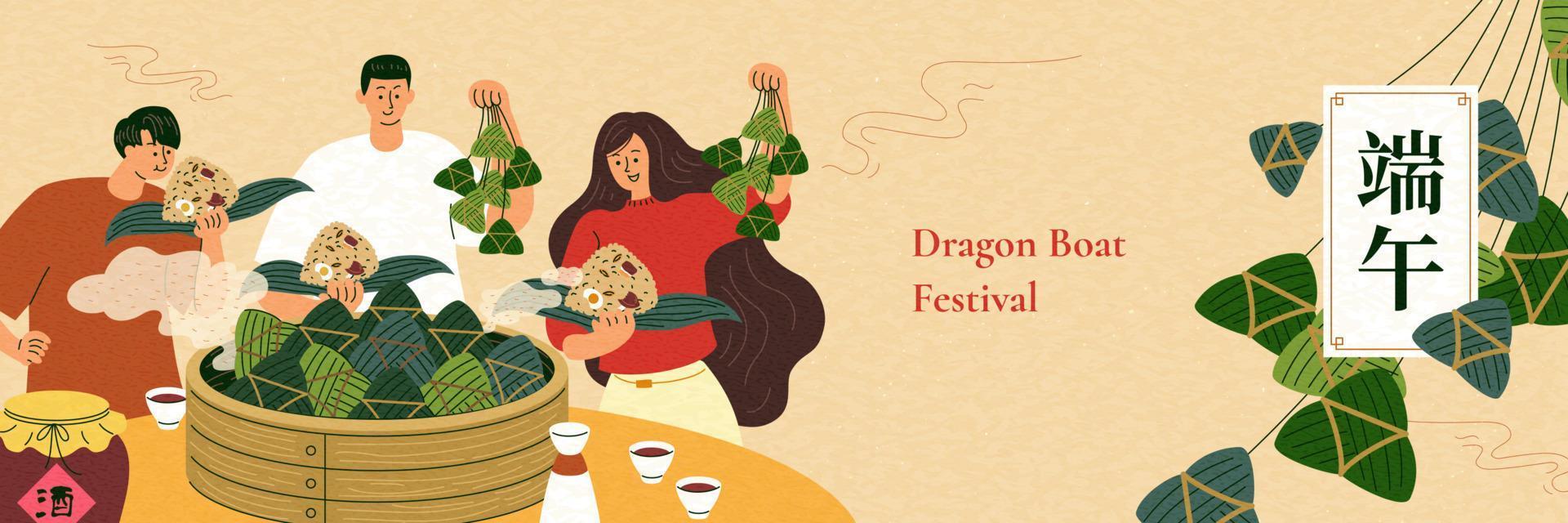 pessoas levar tradicional Comida arroz bolinho de massa a partir de bambu vaporizador e beber realgar vinho para comemoro Dragão barco festival. duanwu feriado escrito dentro chinês vetor