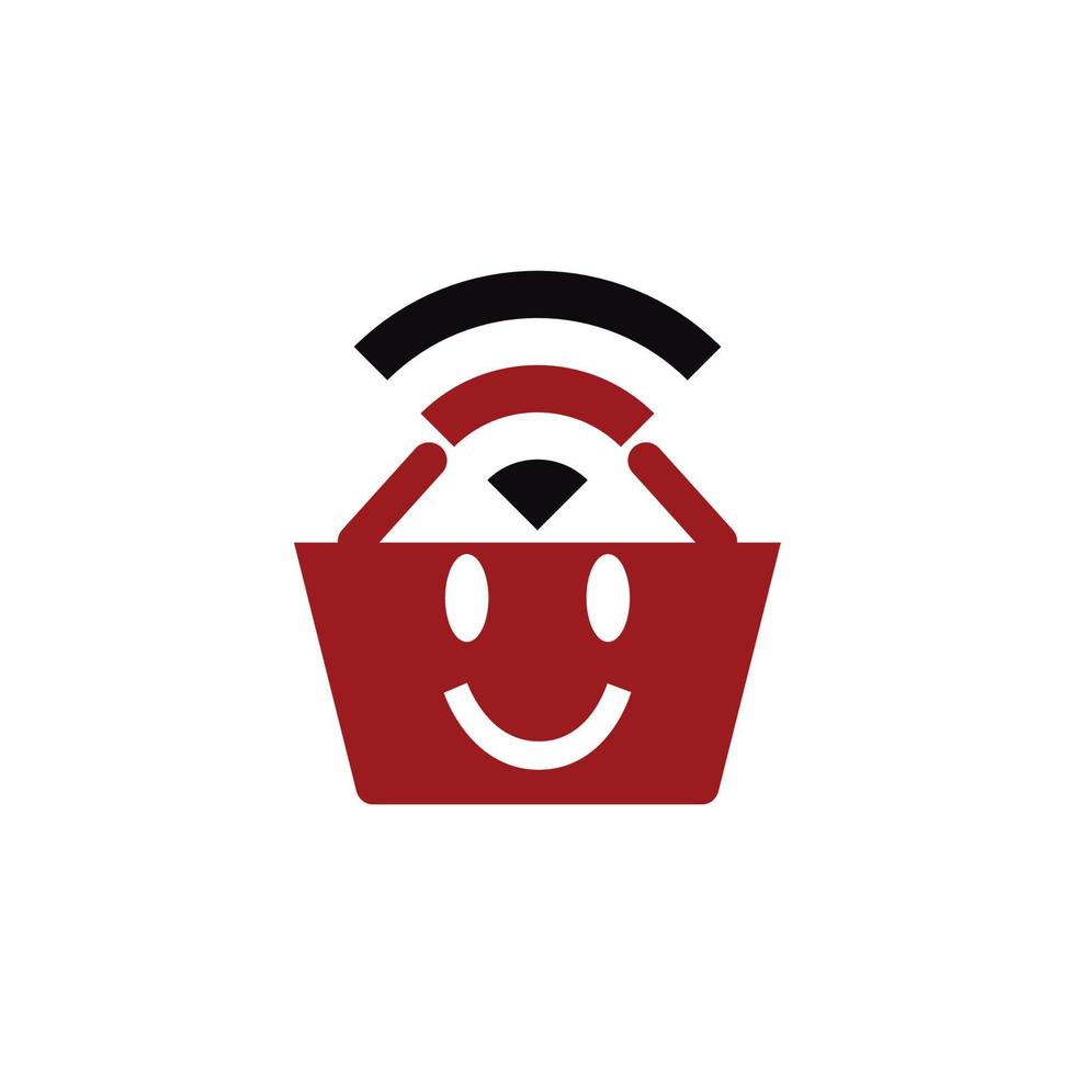 e comércio cesta com engraçado emoticon Wi-fi logotipo e vetor ícone