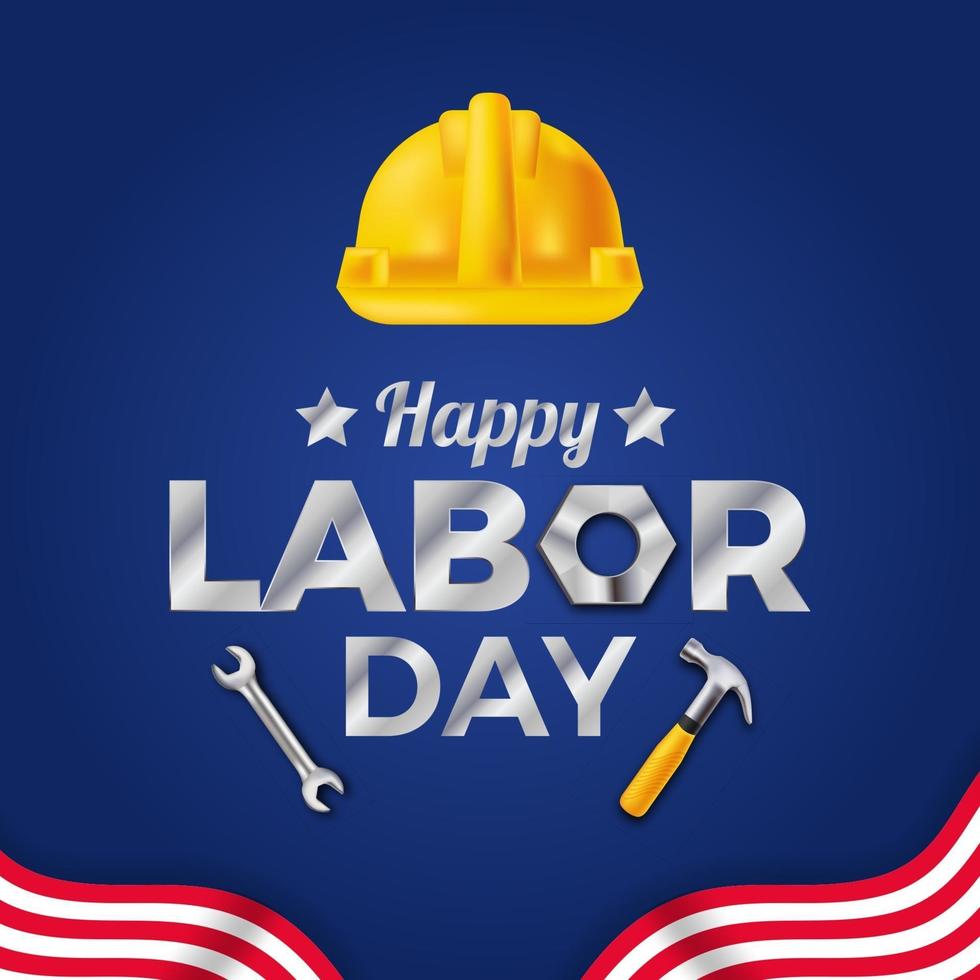 dia do trabalho, modelo de banner de pôster do dia do trabalhador com capacete amarelo de segurança e bandeira de listras com fundo azul vetor