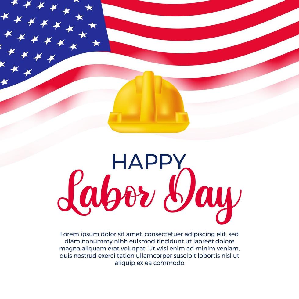 feliz dia do trabalho com capacete de segurança e bandeira dos EUA, modelo de celebração do dia do trabalhador em fundo branco vetor