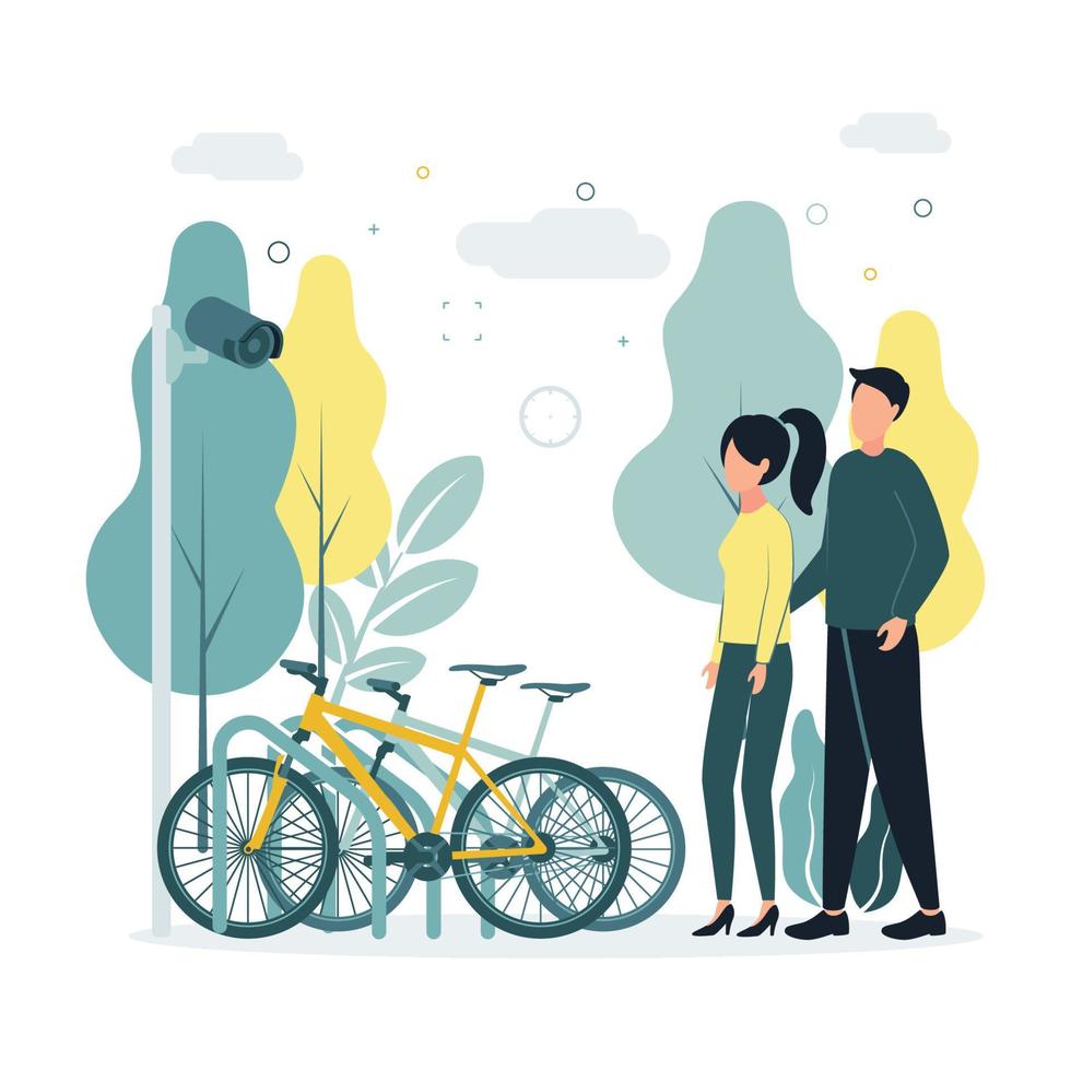 cctv. vetor ilustração uma homem e uma mulher ficar de pé perto uma bicicleta estacionamento com bicicletas, uma vigilância Câmera é ser tomada, em a fundo estão árvores, arbustos, nuvens.