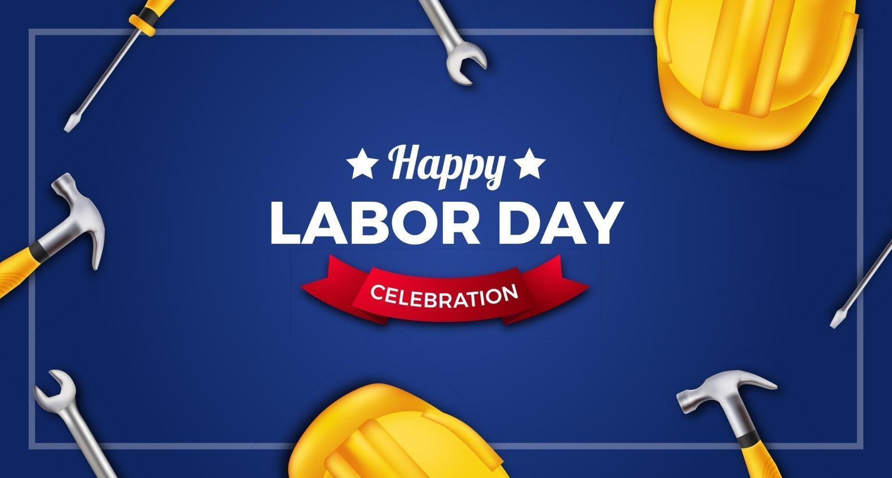 banner de cartaz de celebração do dia do trabalho feliz com capacete de segurança amarelo 3D, chave inglesa, martelo, chave de fenda em fundo azul vetor