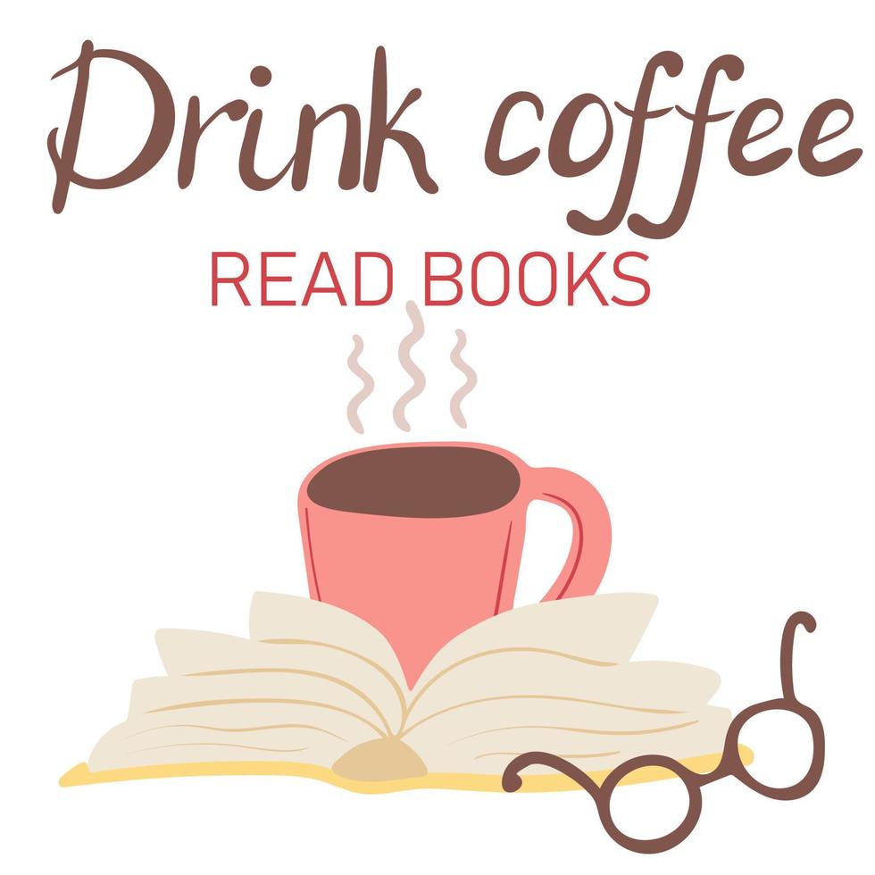 beber café ler livros. mão desenhado aberto livro e copo do café isolado em branco fundo vetor