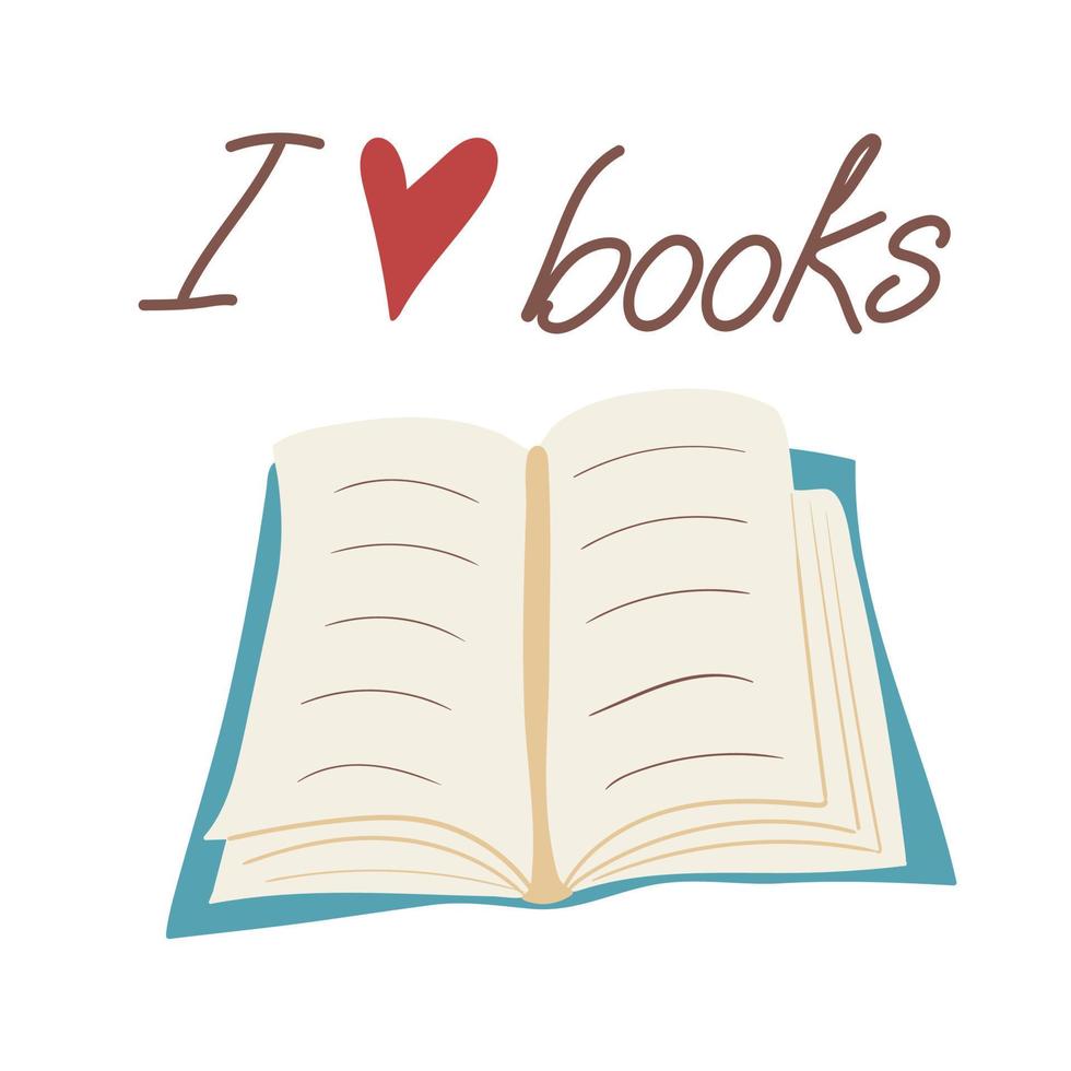 Eu amor livros. mão desenhado aberto livro isolado em branco fundo vetor