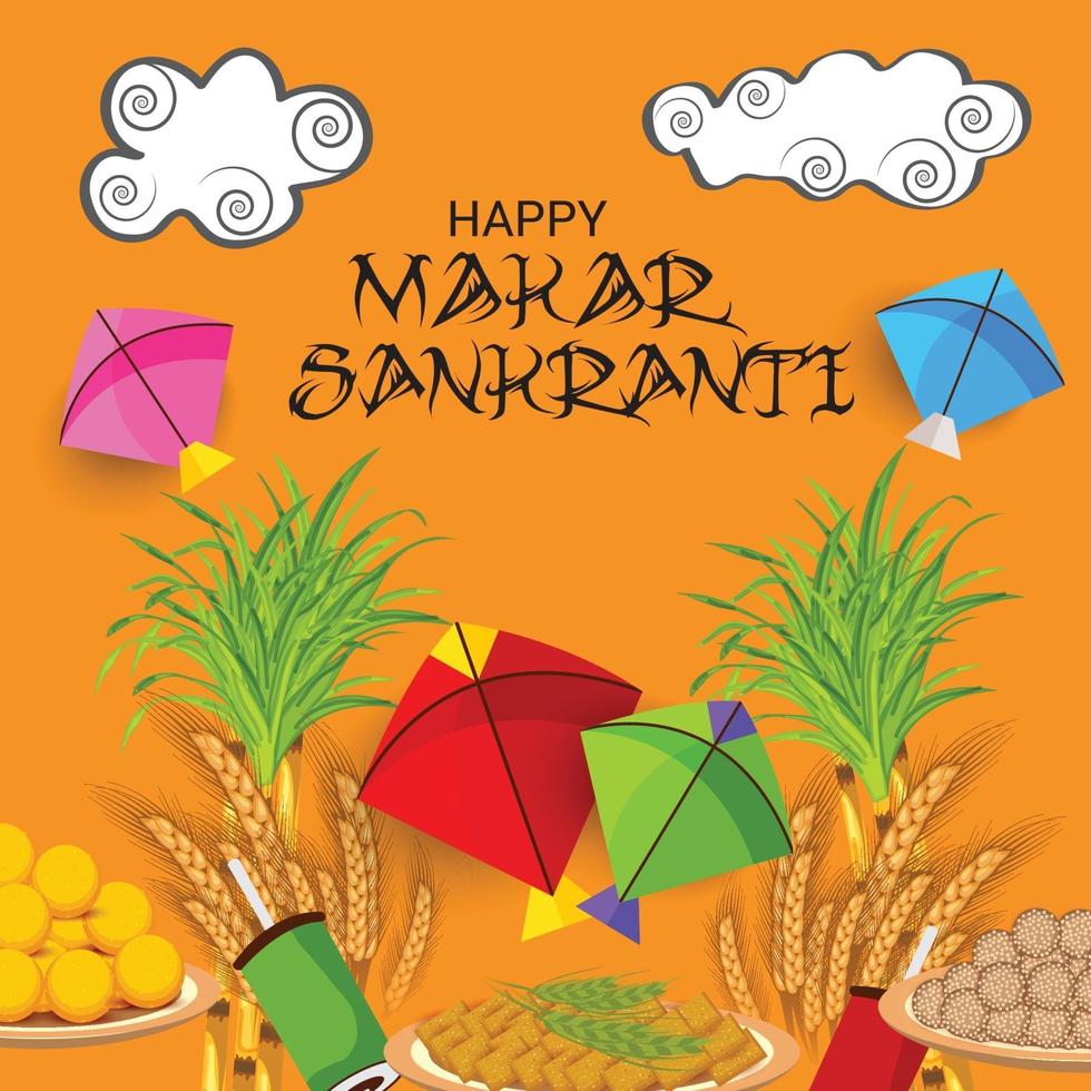 ilustração em vetor de um fundo para o tradicional festival indiano makar sankranti com impressão de pipas coloridas