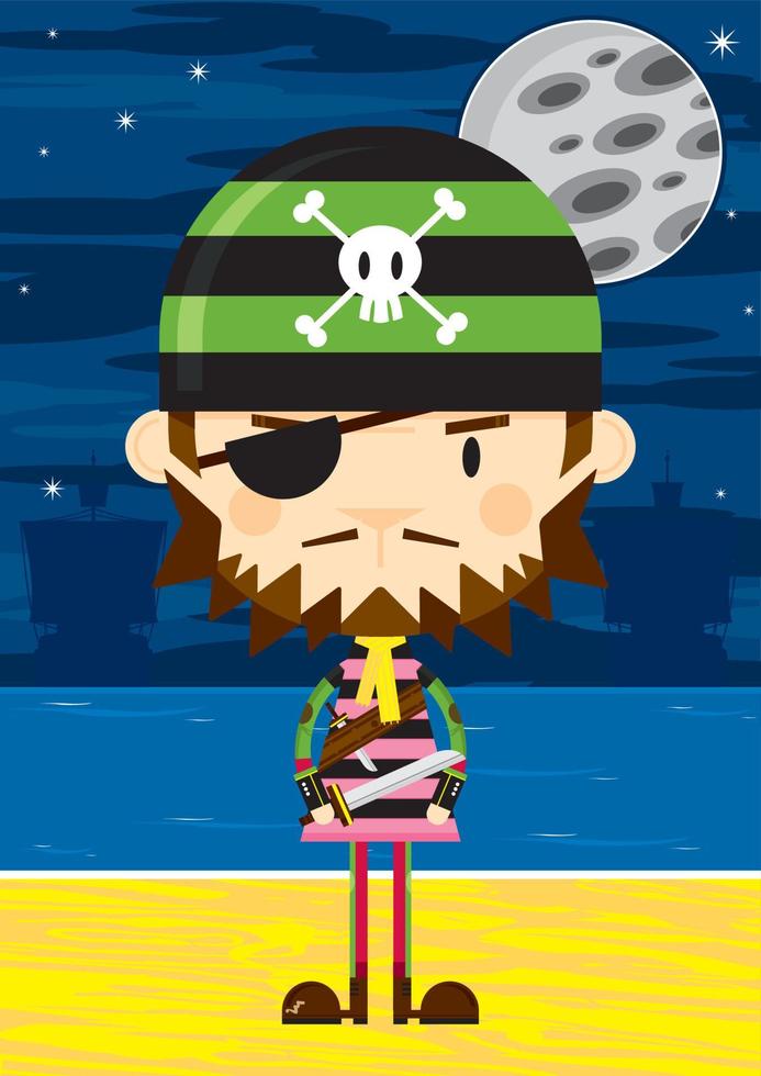 fofa desenho animado fanfarrão bandana pirata com espada em a de praia de luar vetor