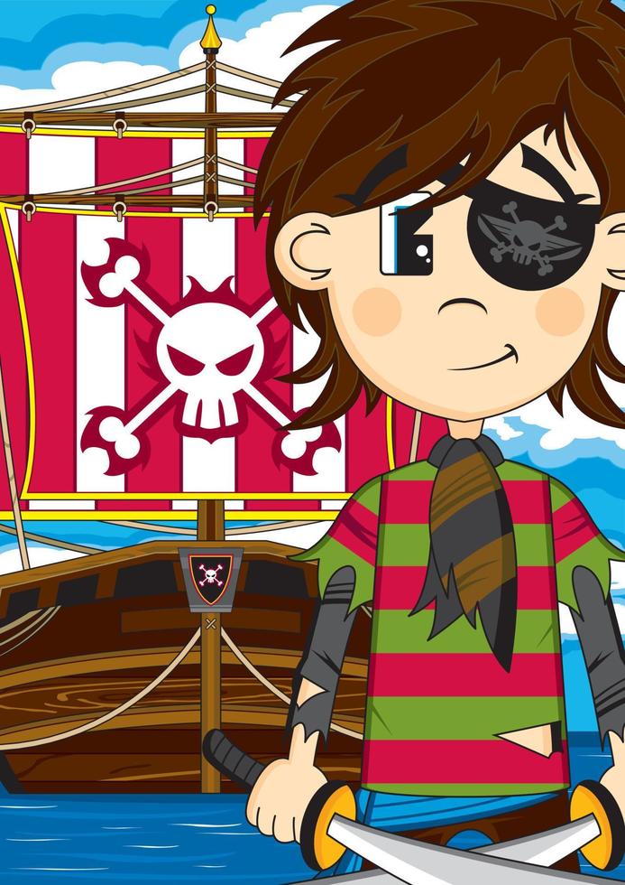 desenho animado fanfarrão tapa-olho pirata com alegre Roger crânio e ossos cruzados navio vetor