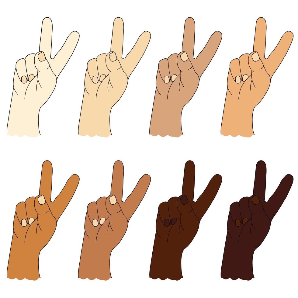 coleção de mãos humanas étnicas com cor de pele diferente. gesto de mão - mostra dois dedos. o gesto número dois ou gesto v é vitória. desenho vetorial vetor