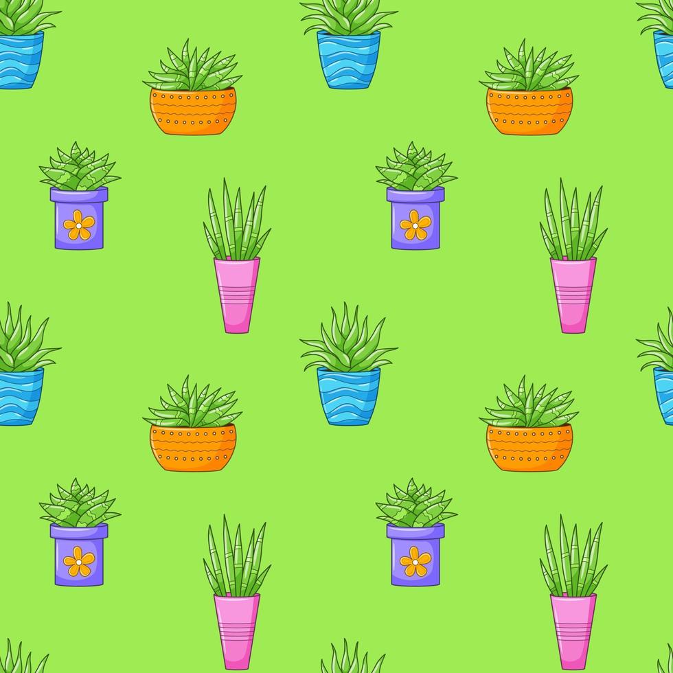 padrão perfeito com diferentes cactos, planta suculenta em vaso de flores brilhantes. cactos de desenhos animados. mão desenhando fundo com plantas de casa. ilustração vetorial em fundo verde vetor