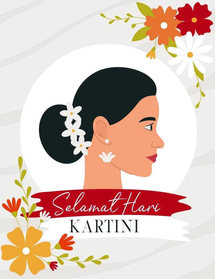 Selamat hari kartini significa feliz kartini dia. kartini é indonésio fêmea herói. perfil do uma cabelos escuros mulher cercado de flores plano vetor ilustração.