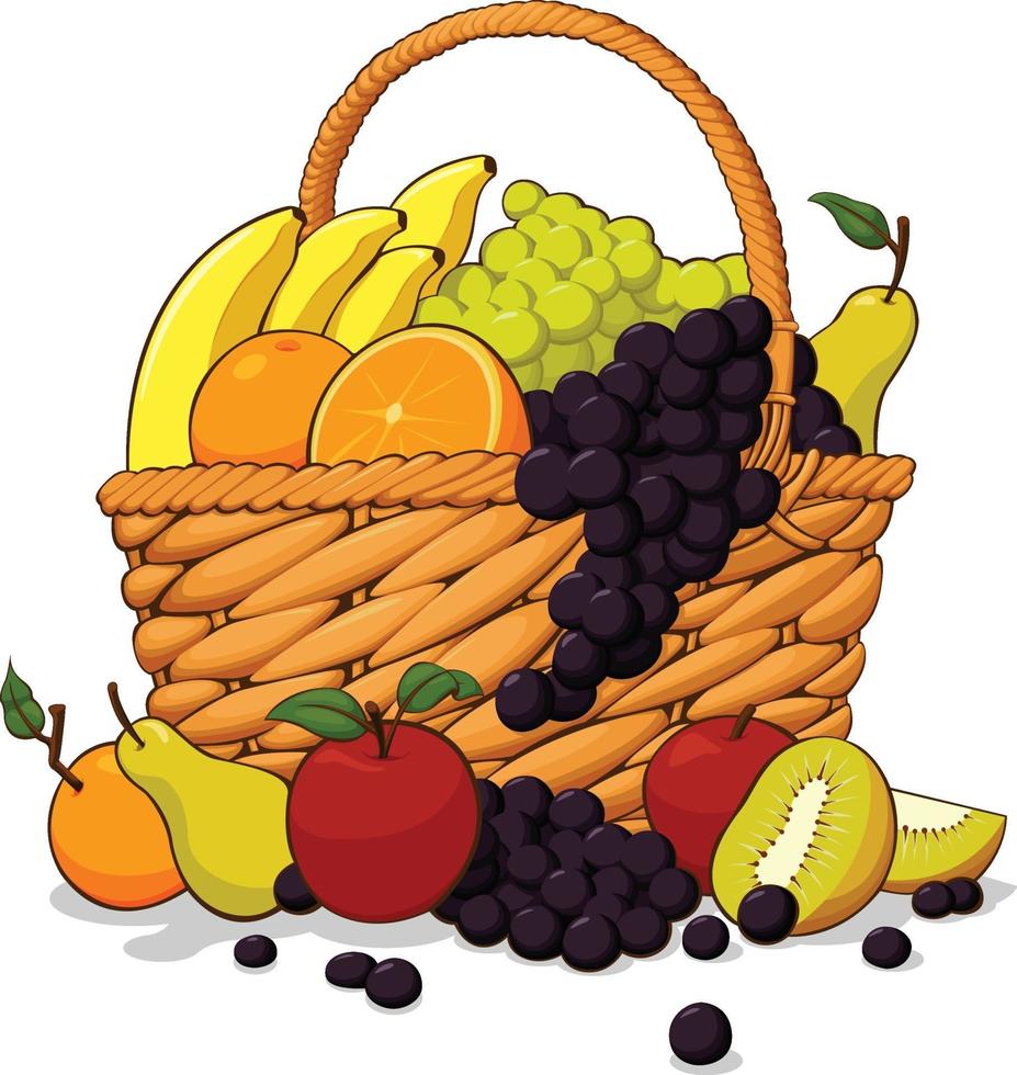pacote de frutas frescas em uma cesta de madeira desenho de ilustração vetor
