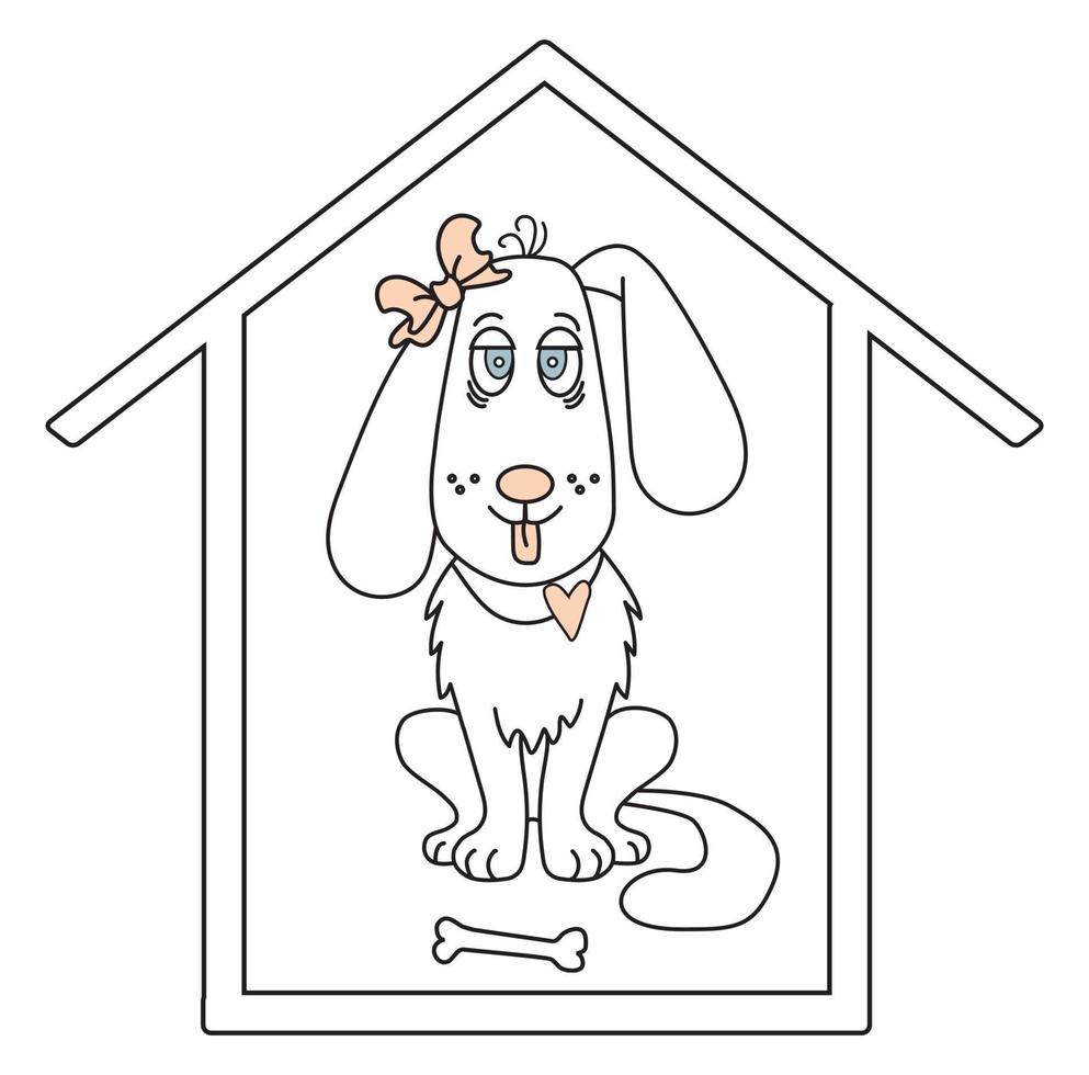 adorável animal de estimação. uma cachorrinha branca com um laço na orelha e a língua de fora está sentada em uma casa vetor