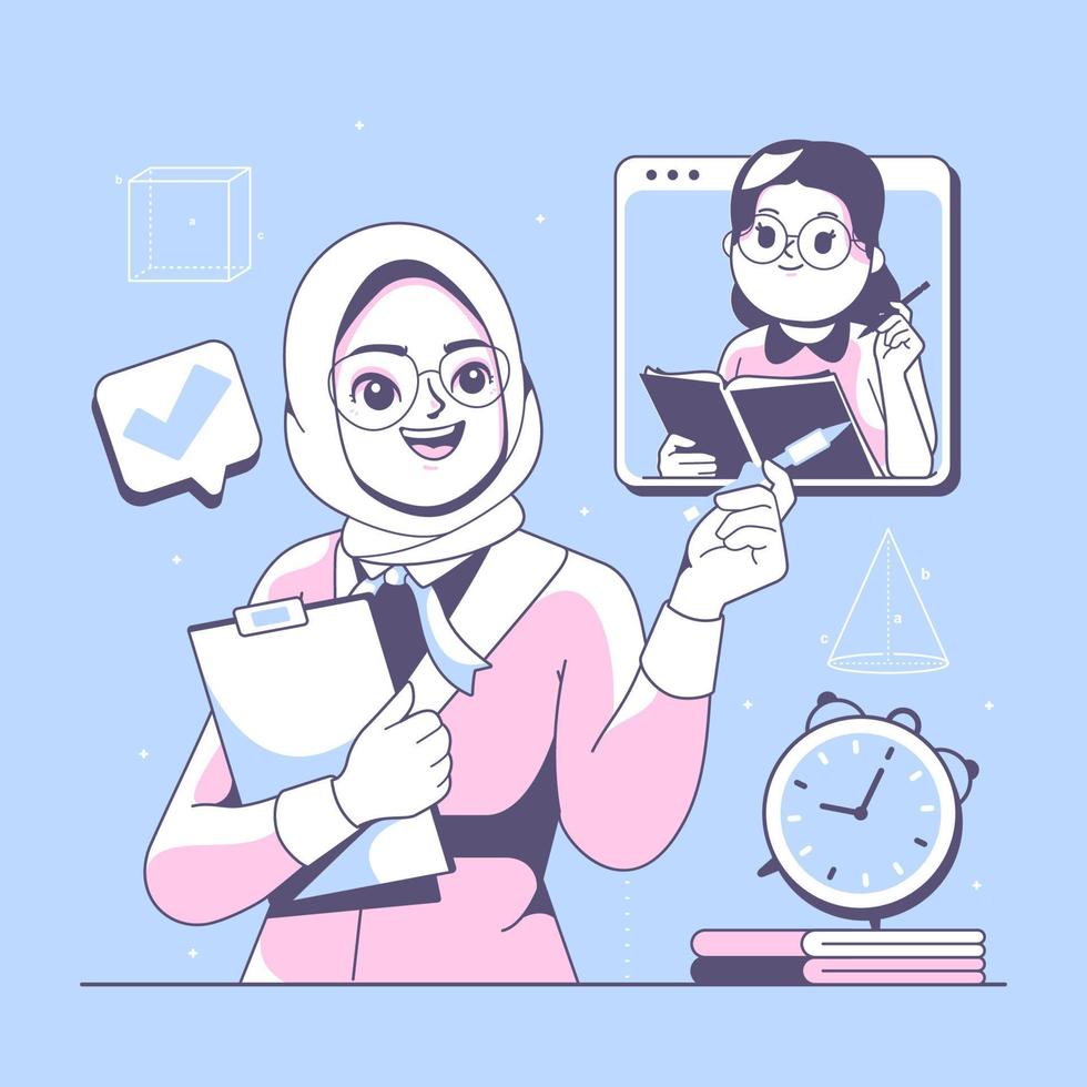 e Aprendendo hijab professor menina ilustração vetor