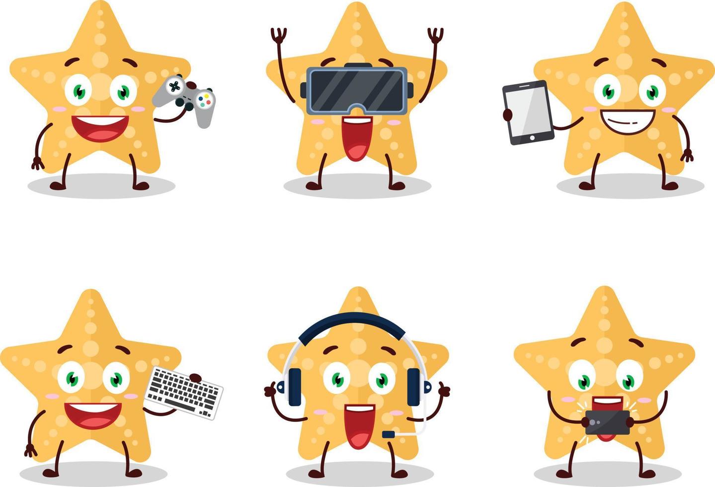 amarelo estrelas do mar desenho animado personagem estão jogando jogos com vários fofa emoticons vetor
