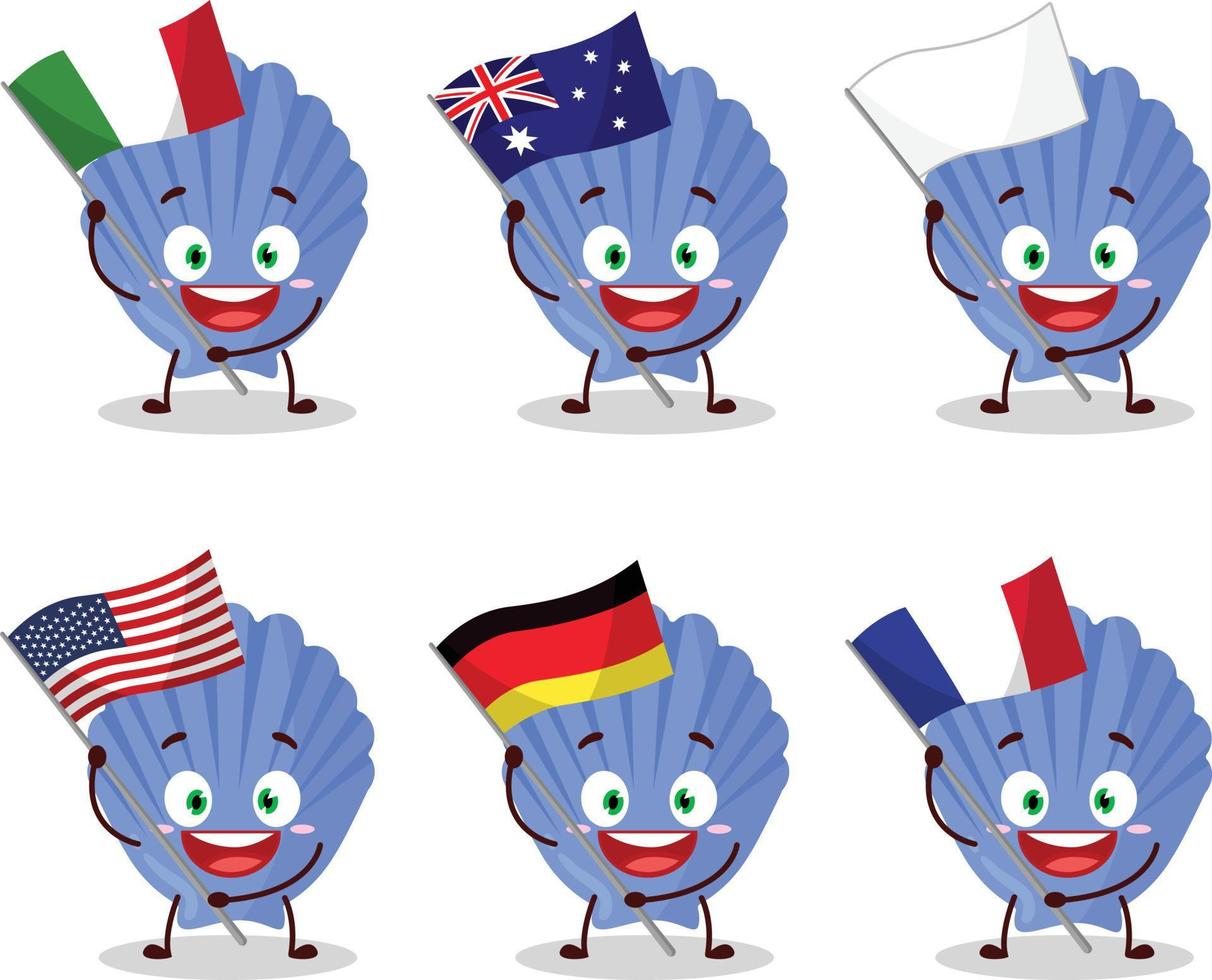 azul Concha desenho animado personagem trazer a bandeiras do vários países vetor