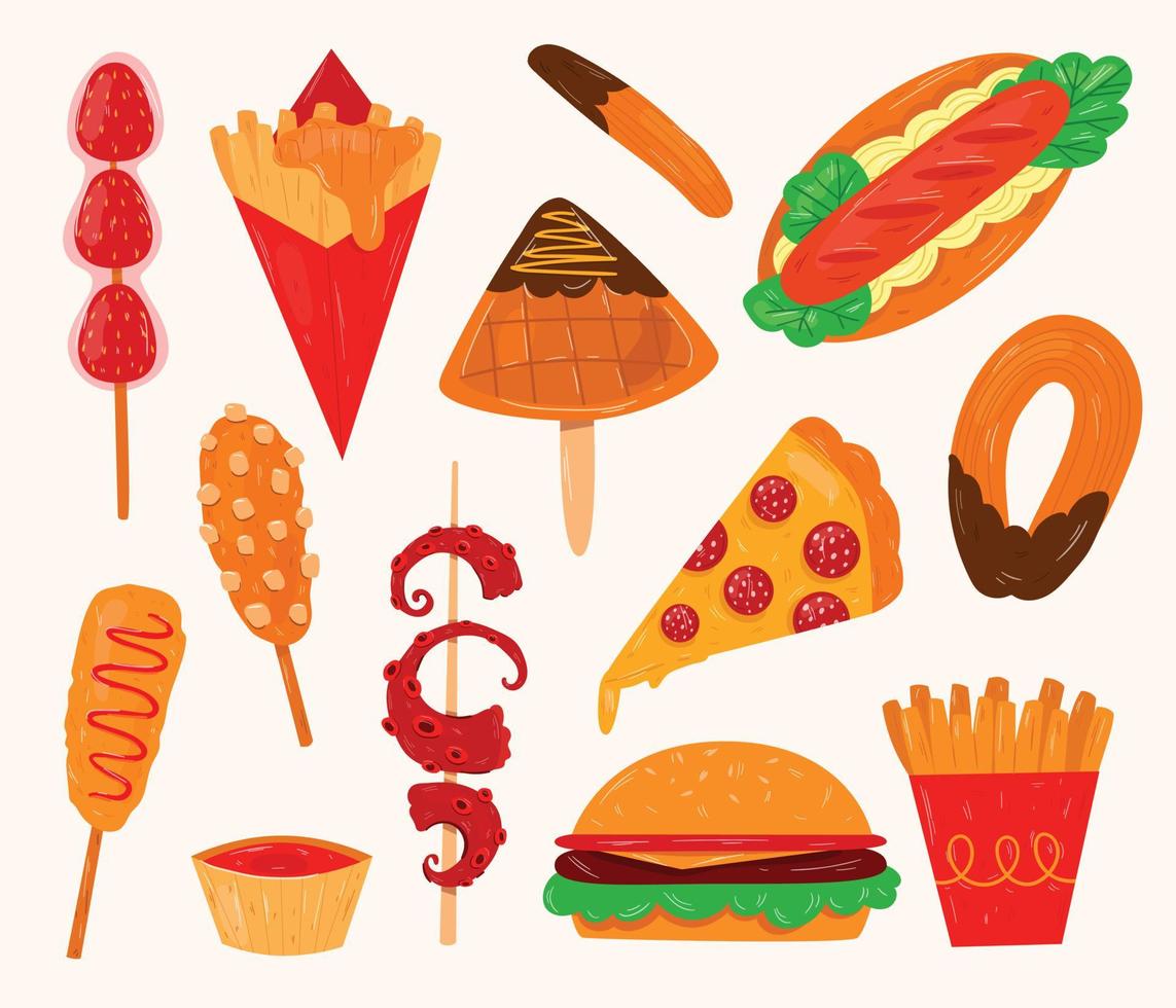 velozes Comida desenho animado ícone definir. Hamburger, quente cachorro, pizza, milho cachorro e outras para Leve embora cafeteria Projeto. vetor ilustração do rua Comida plano estilo. vetor ilustração