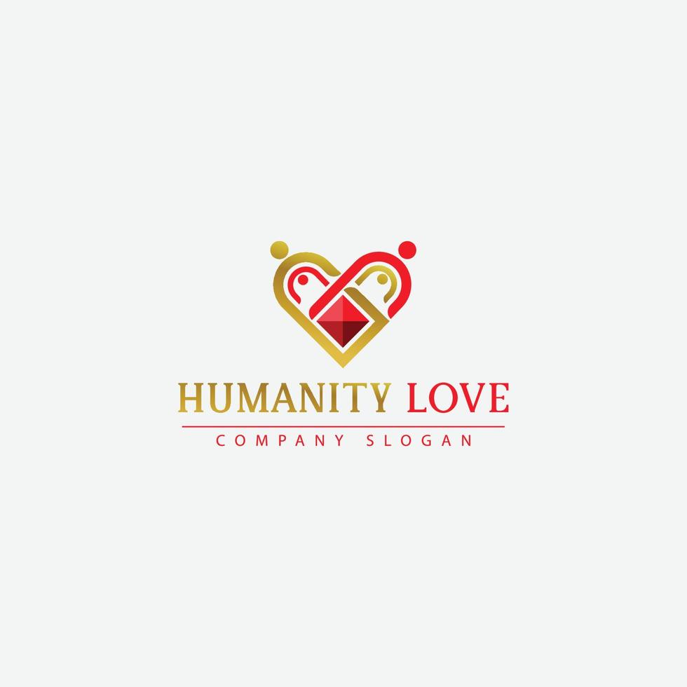 humanidade amor pessoas ícones e coração conceito logotipo dentro ouro e vermelho vetor