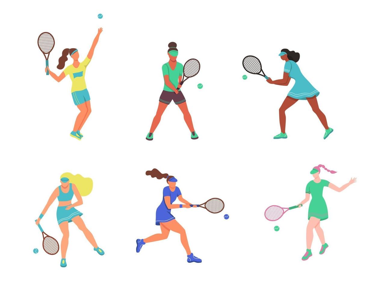 mulheres jovens jogando tênis. um conjunto de personagens planos isolados em um fundo branco. ilustração vetorial vetor