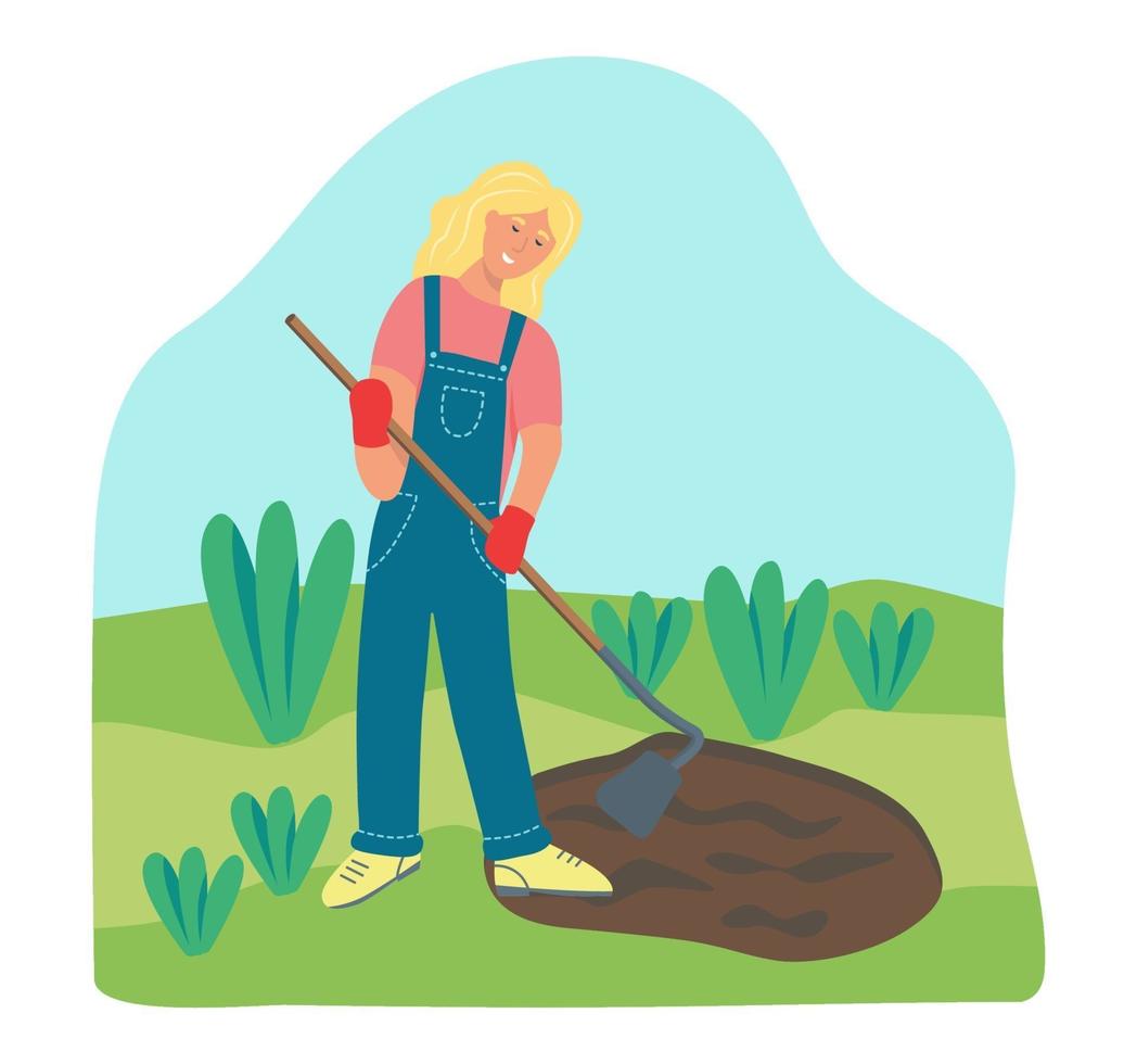 trabalho de jardim. uma jovem está trabalhando no jardim, varrendo a terra. ilustração vetorial plana. vetor