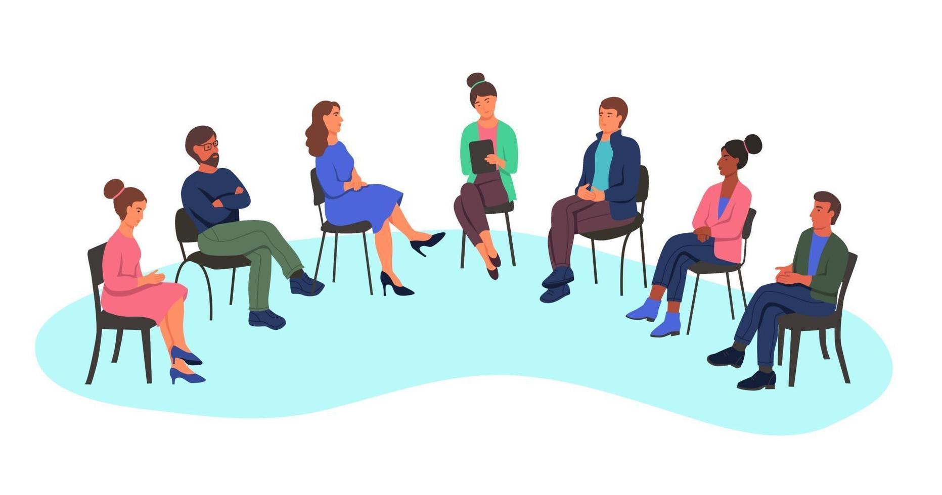 homens e mulheres em uma consulta de psicólogo, o conceito de terapia de grupo, o trabalho em grupo, uma pesquisa. as pessoas se sentam em cadeiras em um semicírculo. ilustração em vetor plana dos desenhos animados.