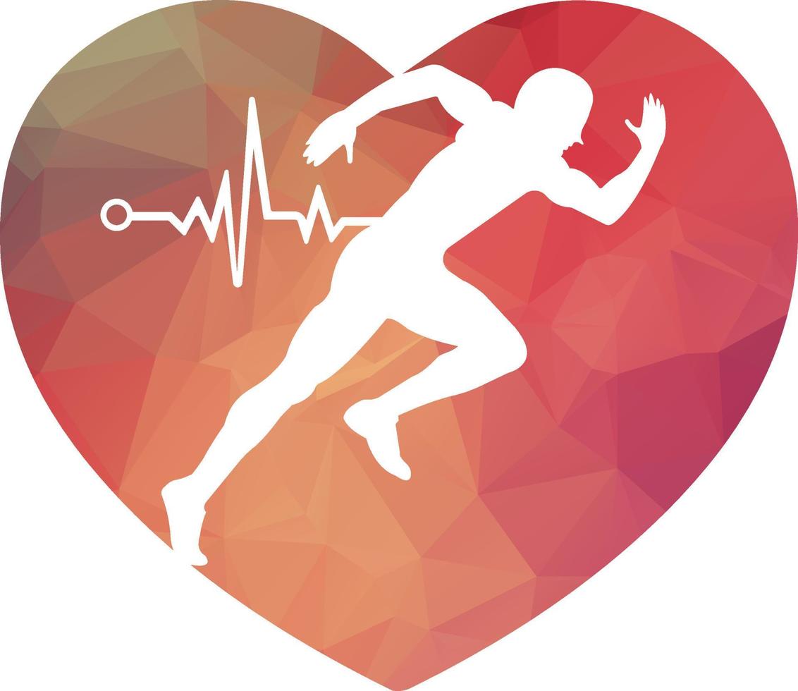 vetor de ícone de design de logotipo de maratona de pulso. design de logotipo de cuidados de saúde do corpo. homem correndo com ícone de batimento cardíaco de linha ecg.