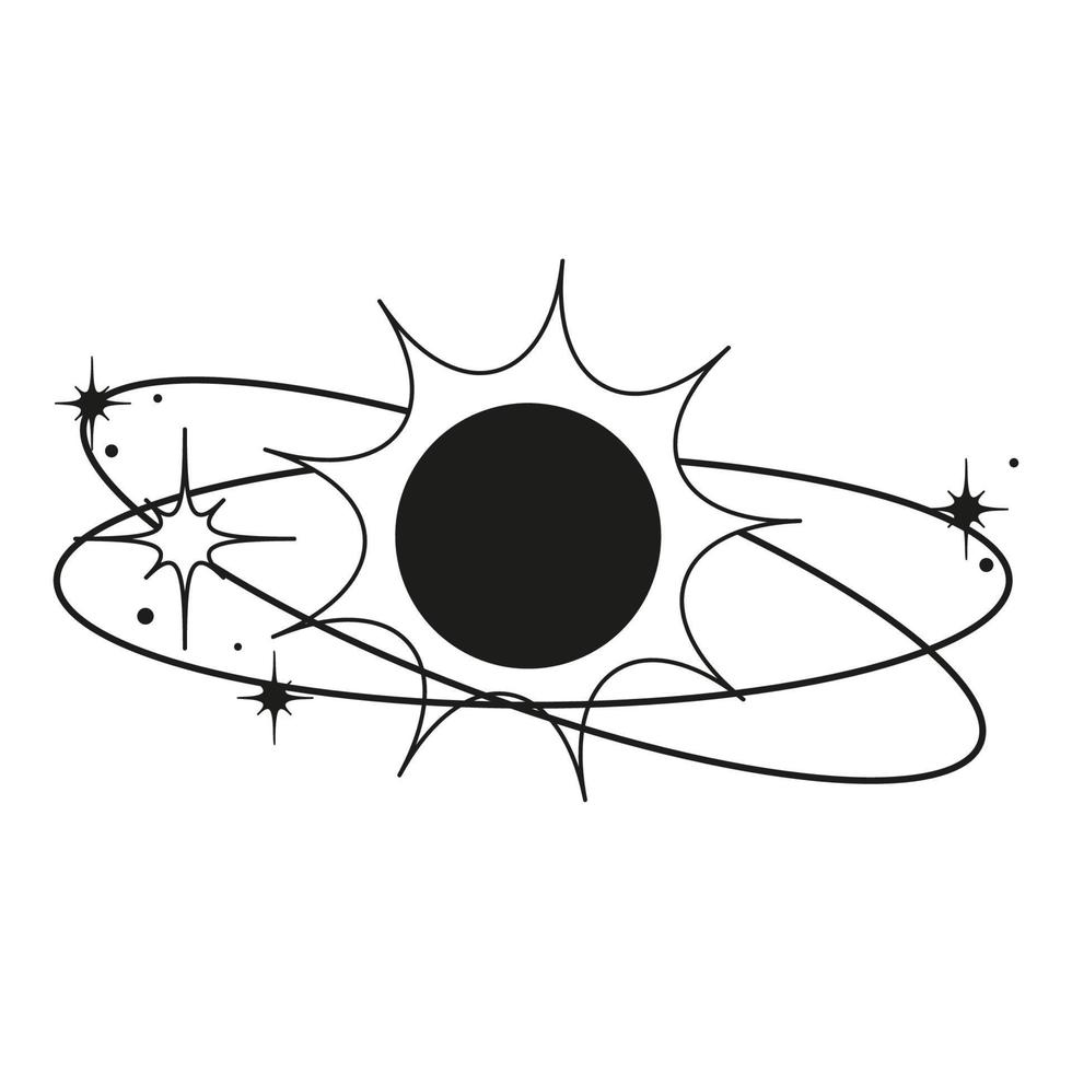 Preto Sol com órbitas e estrelas em volta. abstrato símbolo para cosméticos, joia, logotipo, tatuagem. linear estilo. esotérico vetor