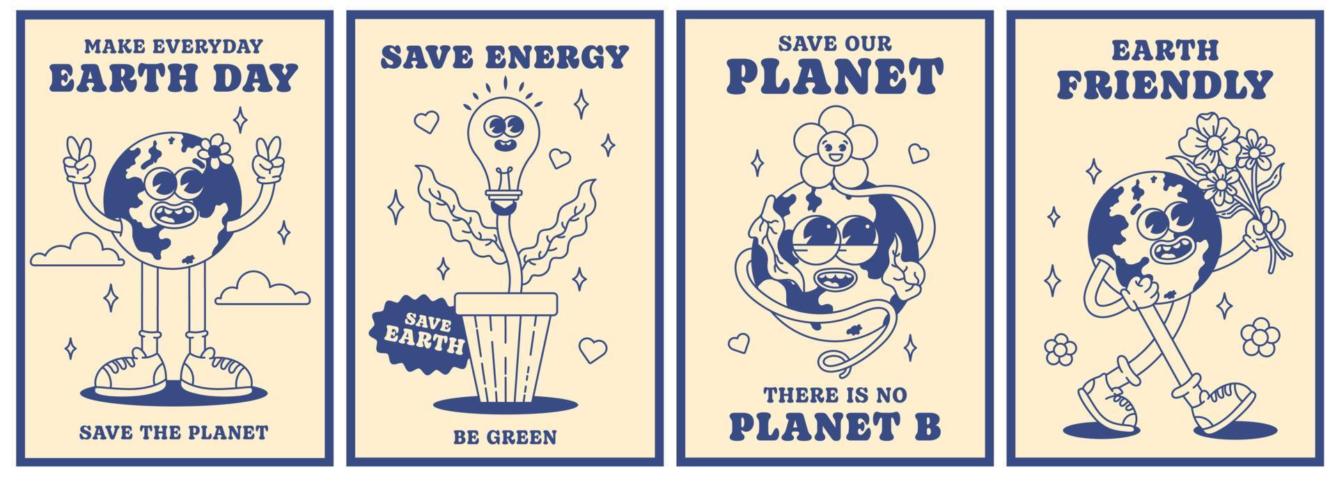 Salve  a planeta poster conjunto dentro na moda groovy estilo. terra dia. terra amigável. Salve  energia. engraçado vetor terra personagem e mascote. eco amigáveis concepção. vetor. monocromático paleta.