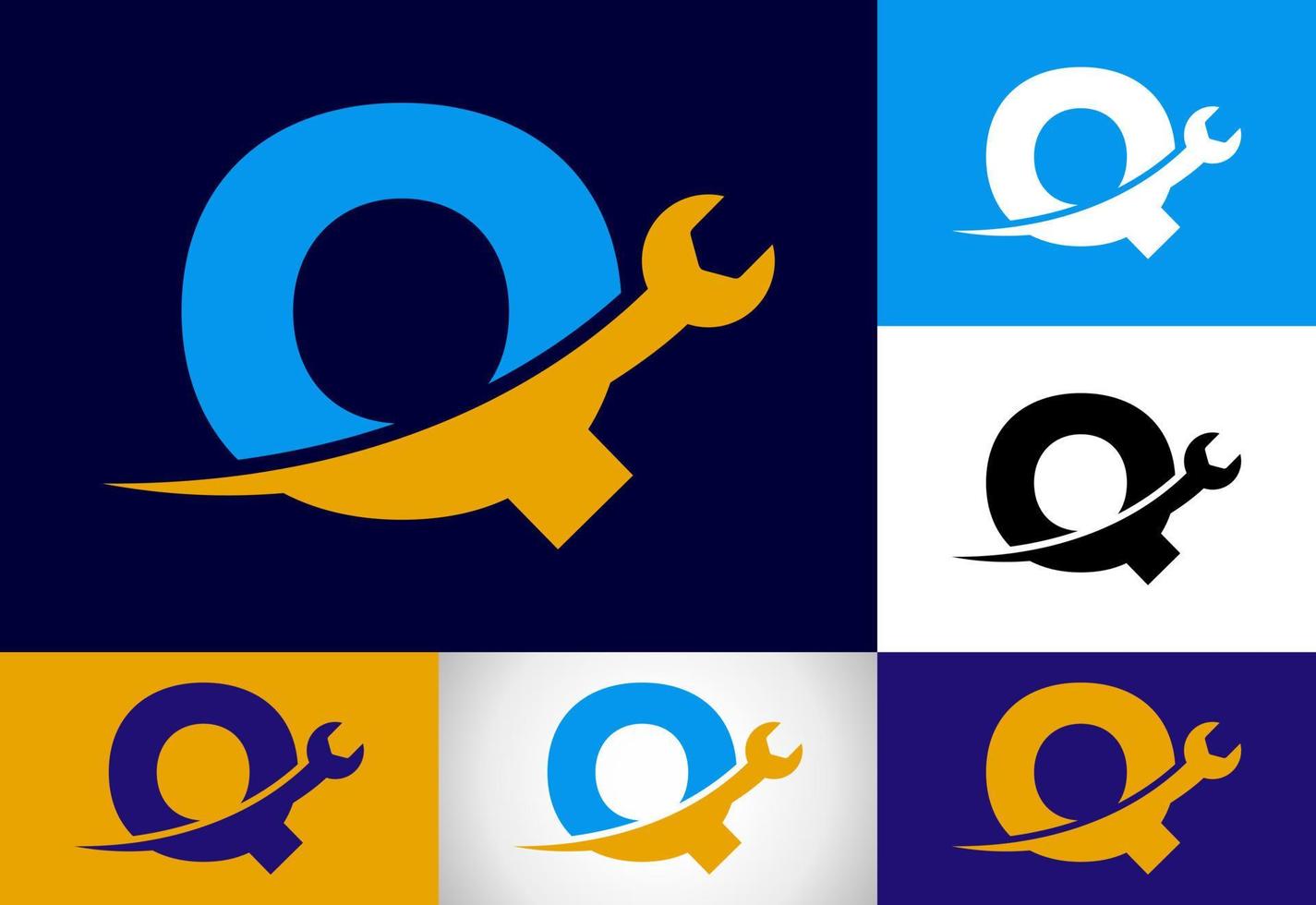 gráfico alfabeto q com chave inglesa. logotipo para mecânico, tecnologia, reparar serviço , automotivo o negócio vetor