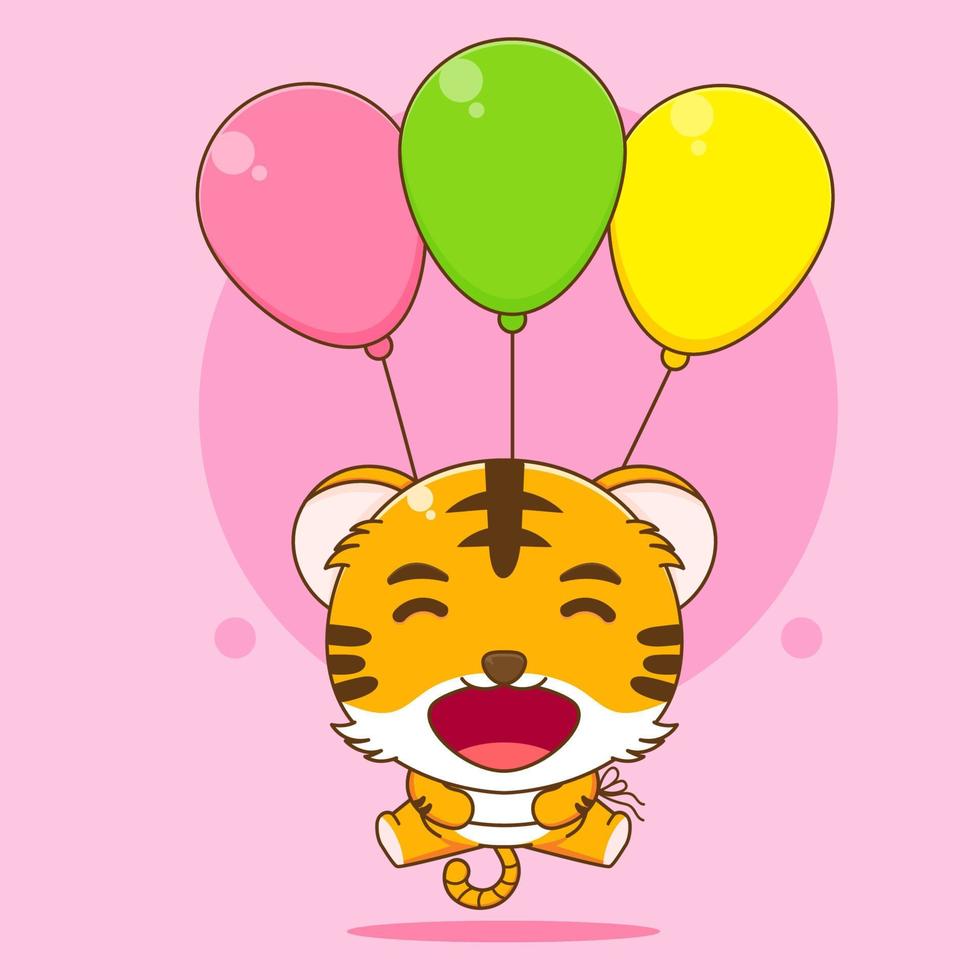 desenho animado ilustração do fofa tigre flutuando com balões vetor