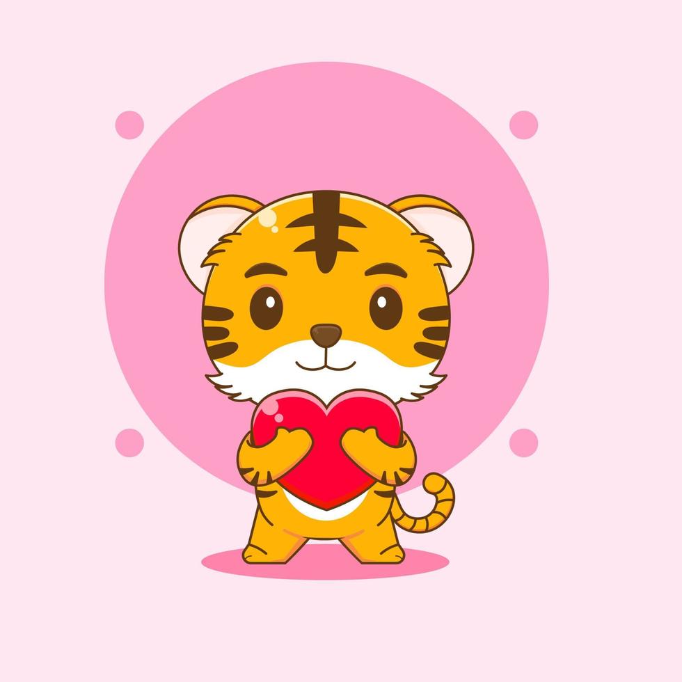 desenho animado ilustração do fofa tigre abraçando coração amor vetor