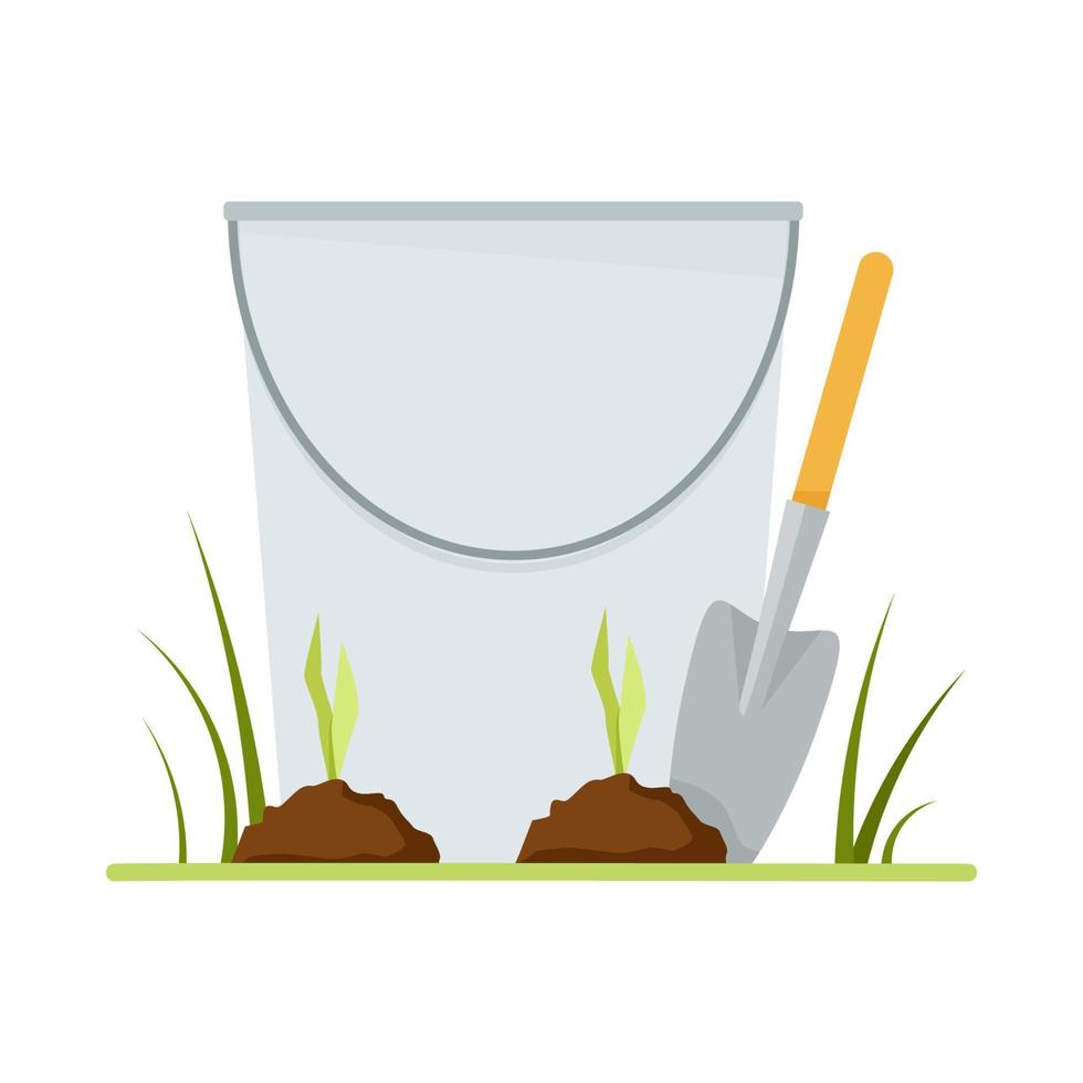 metal balde com uma pequeno pá para jardinagem e brotos vetor