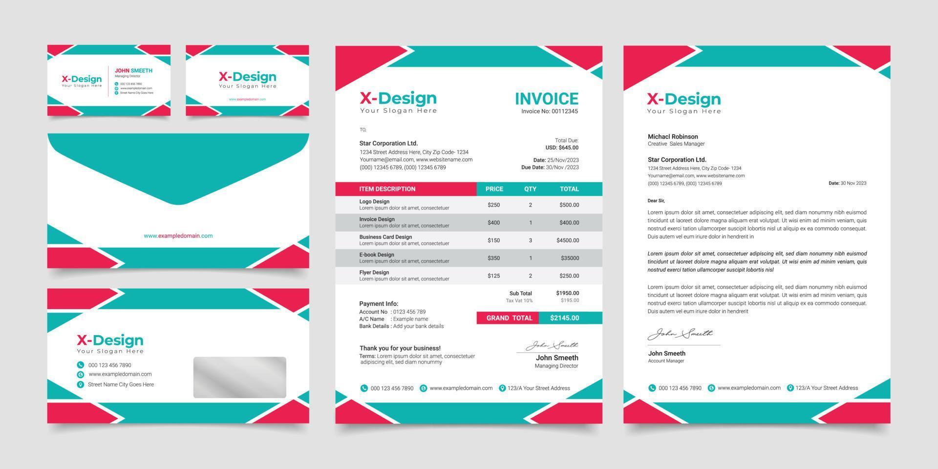 uma conjunto do diferente modelos Incluindo faturas papel timbrado o negócio cartões e envelopes vetor