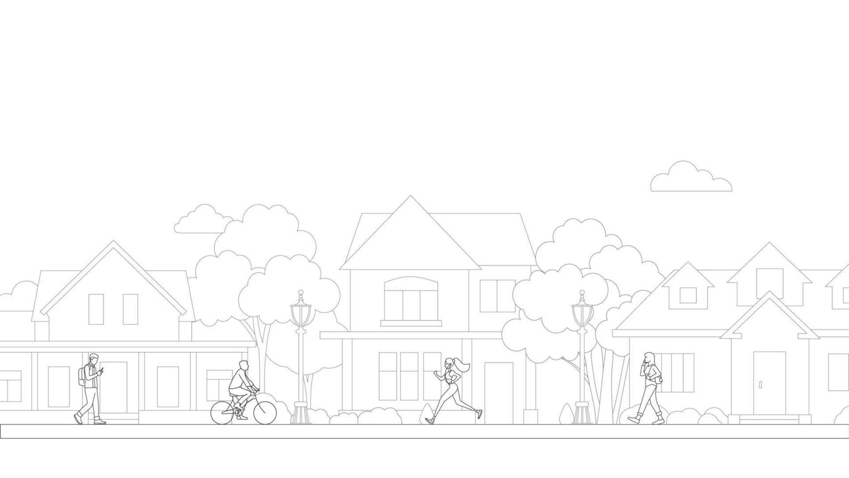 vetor de arte de linha de bairro de vida de aldeia de pessoas. edifícios residenciais na rua suburbana. andar de bicicleta e caminhar com as pessoas no bairro da vida da vila.
