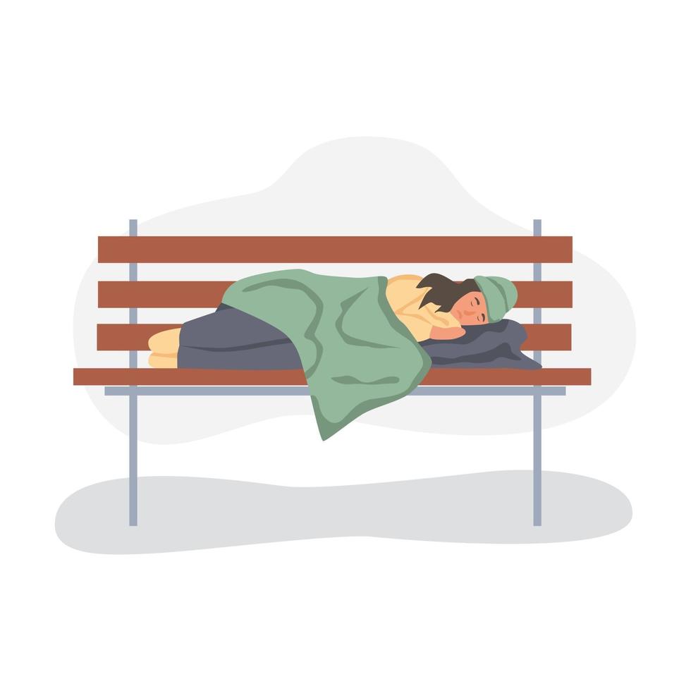 mulher sem-teto dormindo em um banco de parque vetor