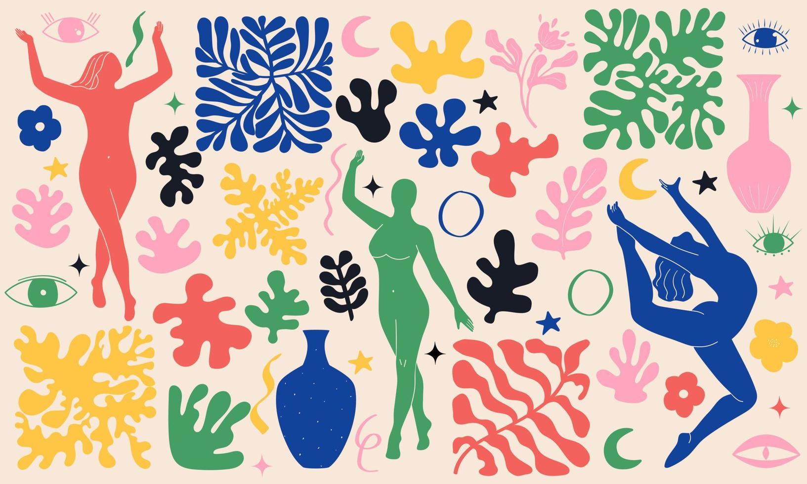 groovy rabisco e abstrato arte definir. Matisse aleatória orgânico formas e fêmea silhuetas dentro na moda retro anos 60 Anos 70 estilo. vetor