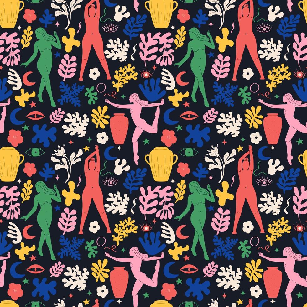 groovy abstrato arte desatado padronizar. Matisse aleatória orgânico formas e fêmea silhuetas dentro na moda retro anos 60 Anos 70 estilo. vetor