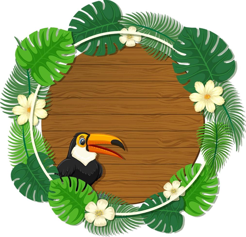 modelo de banner de folhas verdes redondas com um personagem de desenho animado tucano vetor