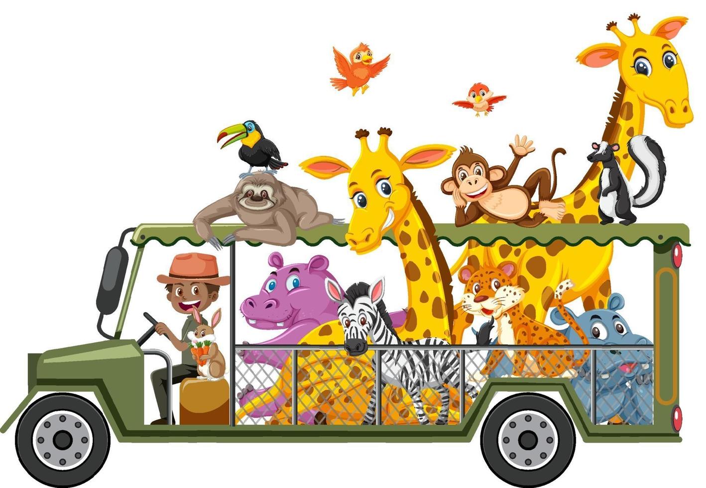conceito de zoológico com animais selvagens no carro, isolado no fundo branco vetor
