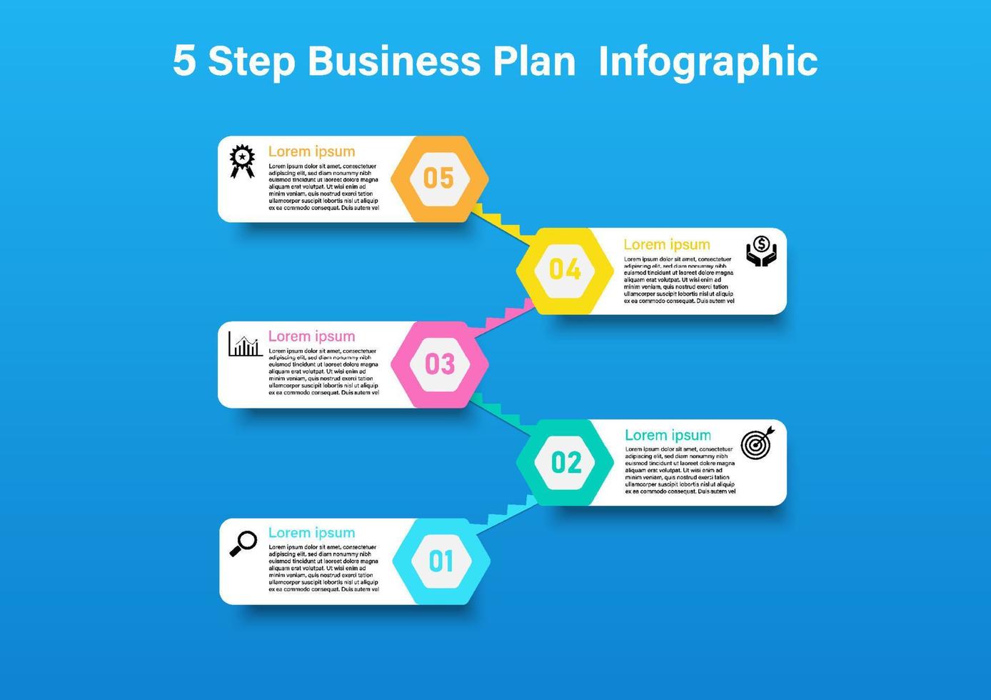 5 degrau infográficos planejamento para sucesso multi colori hexágono numerado quadrados com ícones em azul fundo para negócios, marketing, investimento, apresentação. vetor