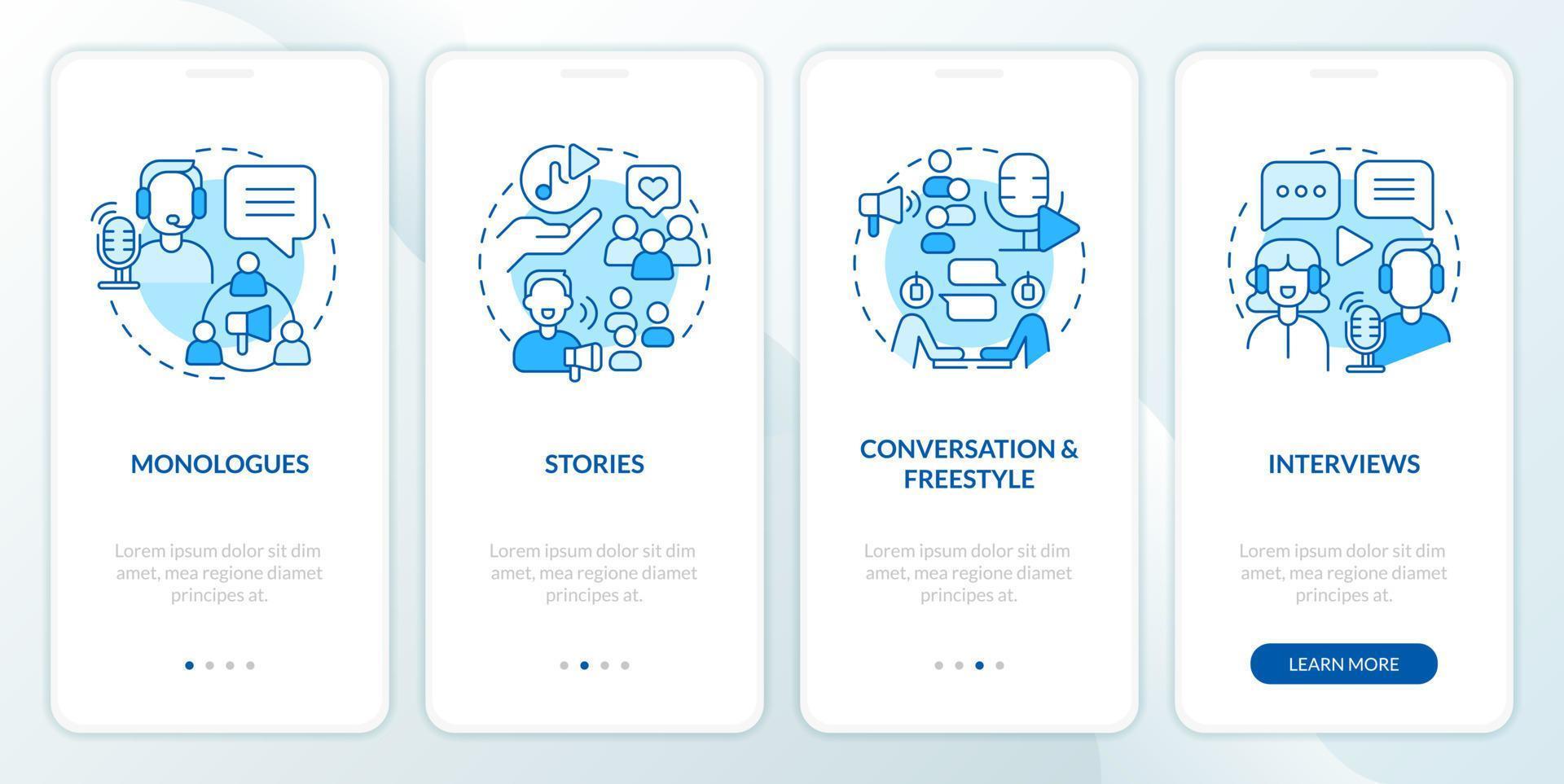comum podcast formatos azul onboarding Móvel aplicativo tela. passo a passo 4 passos editável gráfico instruções com linear conceitos. interface do usuário, ux, gui modelo vetor