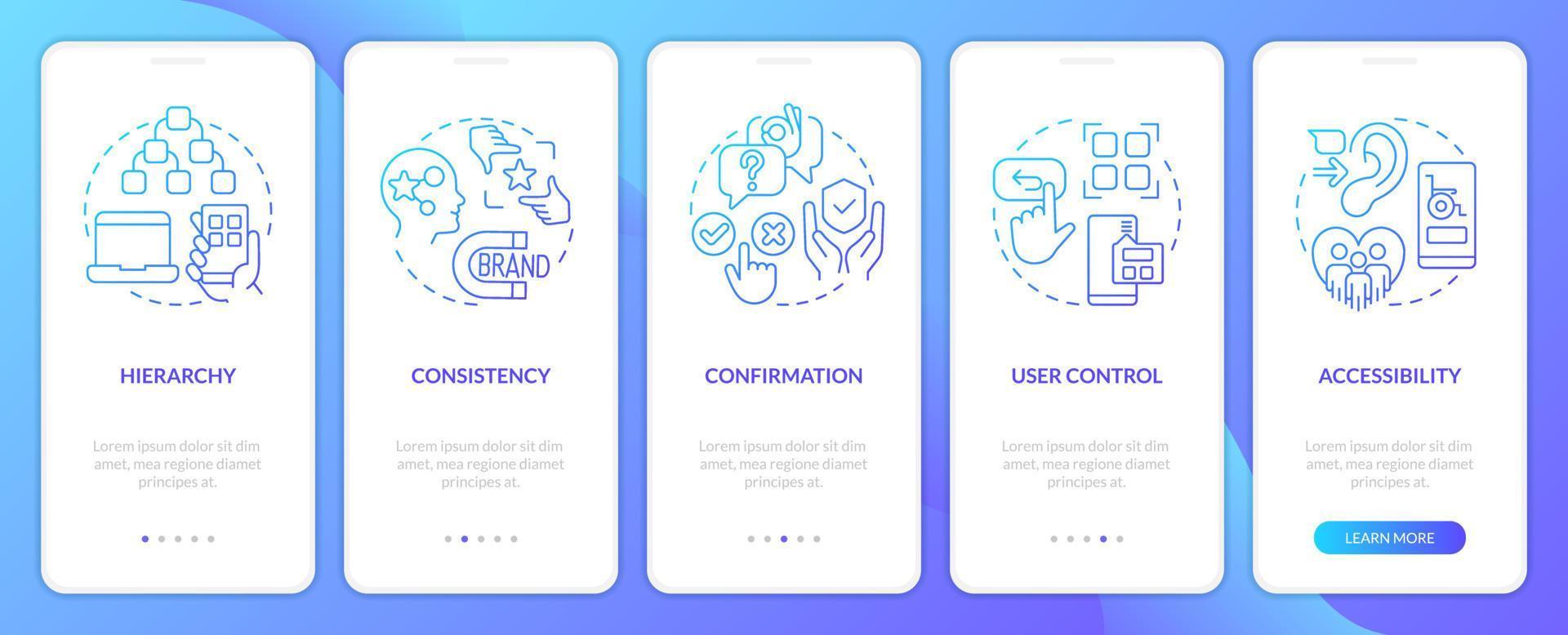 do utilizador experiência Projeto guia azul gradiente onboarding Móvel aplicativo tela. passo a passo 5 passos gráfico instruções com linear conceitos. interface do usuário, ux, gui modelo vetor