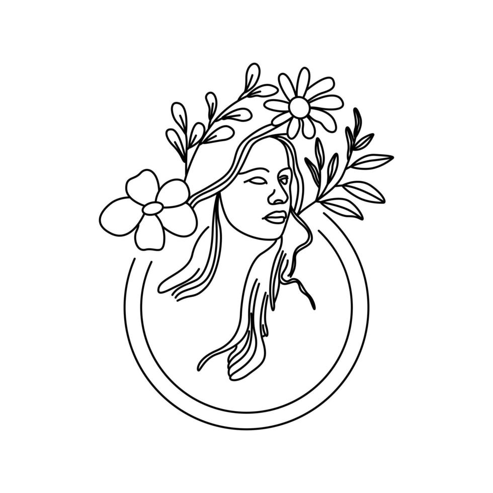 simples linha arte deco fêmea decorado de folhas vetor ilustração. beleza mulher elegante mão desenhado Primavera floral Preto ícone isolado em branco