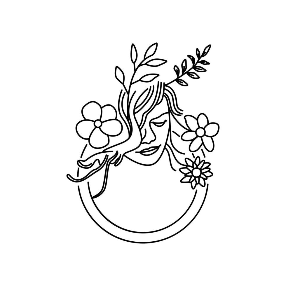 simples linha arte deco fêmea decorado de folhas vetor ilustração. beleza mulher elegante mão desenhado Primavera floral Preto ícone isolado em branco